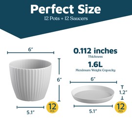 White 6-Inch Plant Pots with Drainage & Saucers 12 Pack, Indoor & Outdoor Planters for Houseplants, Herbs, and Flowers, Durable & Weatherproof Material, Stackable, Lightweight, Minimalist Design