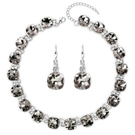 XILAZAB Costume Rhinestone Jewelry Set for Women Grils, Grey Black Austrian Crystal Necklace and Earring Set, Grey Smokey Sliver Bridal Bridesmaid Wedding Necklace Jewelry