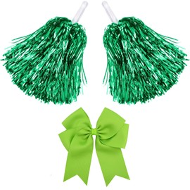 CEUQIESO 3 Pack 10 in Pom Poms Cheerleading and Large Cheerleader Hair Bow for Girl, Green Cheerleading Pom Poms Cheer Pompoms Foil Pompoms Hand Flowers for Adults, Kids, Party Dance Sports