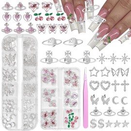 96 Pcs Cross Star Silver Nail Charms, 3D Alloy Heart Butterfly Cherry Nail Gems and Charm, Planet Heart Dollars Nail Art Charms, Silver Nail Gems and Charms for Nails DIY Y2K Supplies