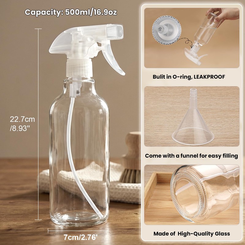 360° Glass Spray Bottles, Adjustable Nozzle, 16.9 oz, Clear