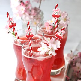 30Pcs Cherry Themed Paper Straws, Cherry Red Stripes Drinking Straws Recyclable Paper Straws Party Straws Restaurant, Juice, Coffee Cold Drinks for Birthday Weddings and Party