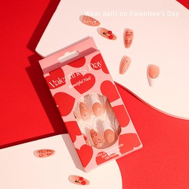 24Pcs Valentines Nails Press on Nails Medium French Tip Fake Nails Nude Valentines Day Nails Supply White French Tip Bow Cherry Stick on Nails for Women DIY Manicure Valentines Nail Decoration