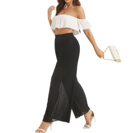 Yanhalo Women's Wide Leg Dress Pant High Waist Casual Flowy Boho Trousers Pleated Chiffon Elastic Waist Pants with Pocket Black