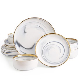 Pokini Marble Gold Rim Dinnerware Sets, Porcelain Plates and Bowls Sets, Modern Luxury Dish Set for 4, White Grey China Dinner Set for Special Occasions, Hand Wash Quickly