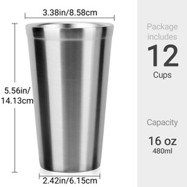 Beasea Stainless Steel Cups 16 oz, 12 Pack Large Stainless Steel Tumbler Bulk Stackable Double Wall Insulated Metal Pint Glasses Tin Cups for Drinking Home Restaurant Office Party Camping