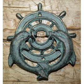 Vintage Cast Iron Antique Style Nautical SHIPSWHEEL DOLPHIN Door Knocker Green Finish