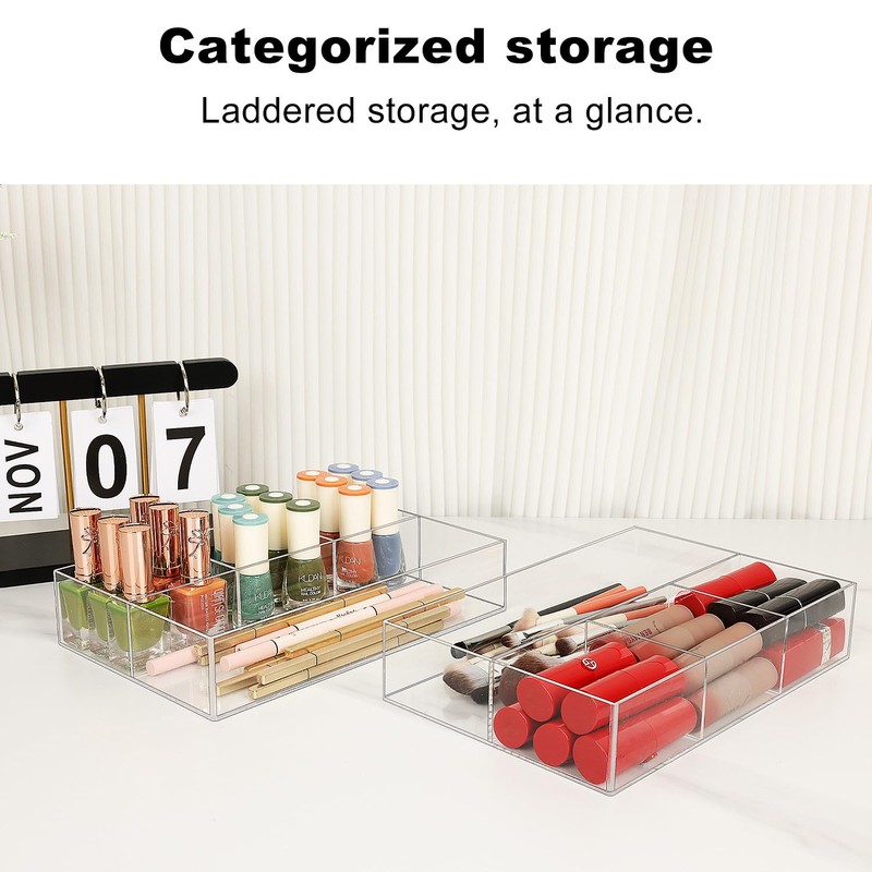 JessLab Acrylic Drawer Organizer, 2-Pack Clear Storage Boxes with 2