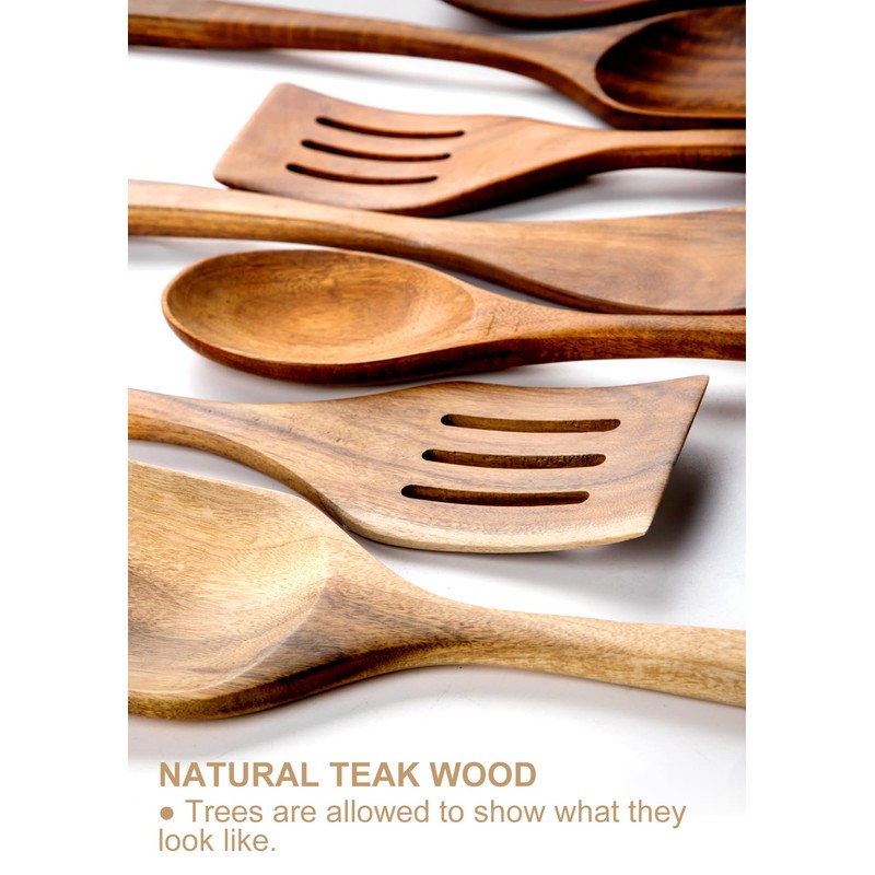 Nucookery Wooden Cooking Utensils Set with Holder, Teak Wood Utensils,