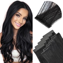 Elailite Injection Tape in Hair Extensions Human Hair - Invisible Skin Weft Remy Natural Real Hair Extension Straight 10 Pcs 25g - #1 Jet Black - 16 Inch