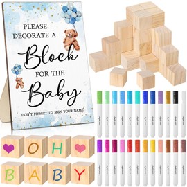 Qilery 75 Pcs Baby Shower Games Sign Kit Including Decorate a Block Game Sign 50 DIY Blank Wooden Block 24 Acrylic Paint Marker Baby Shower Prize for Winners Gender Reveal(Blue,Bear)