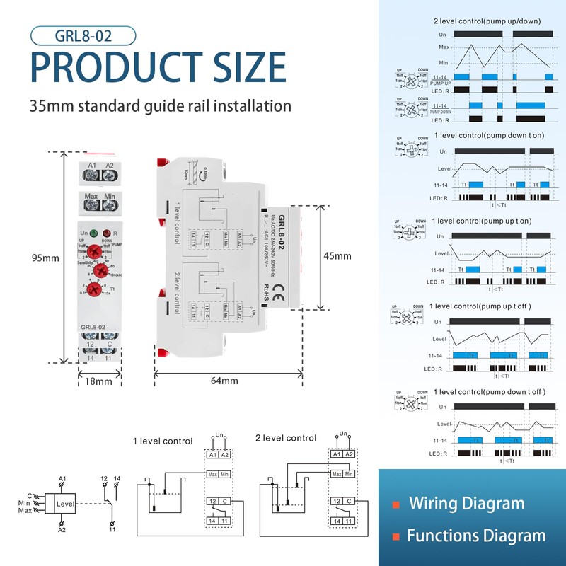 10A Liquid Level Control Relay GRL8-02 AC/DC 24V-240V Water Level