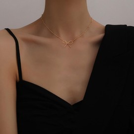 JAVARNV Bow Necklace for Women Gold Silver Beaded Chain Necklace Bow Pendant Necklace Gold Chain Necklace Christmas Gifts Gold, Adjustable