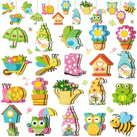 GlikCeil 40 Pcs Spring Flower Ornaments Spring Tree Ornaments Wood Easter Tree Decorations Spring Butterfly Flower Gnome Hanging Decorations for Holiday Spring Easter Party Home Tree Decoration