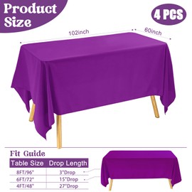 JALANCY 4 Pack Rectangle Tablecloth 60x102 Inch Purple Table Cloth for 6 Foot Rectangle Tables Washable Polyester Table Cover for Wedding Dining Table Buffet Parties Banquet Decoration（Purple）