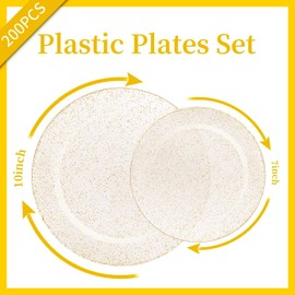 WDF 200PCS Gold Plastic Plates - Gold Glitter Plastic Plates - Heavy Duty Gold Glitter Disposable Plates - Include 100 Dinner Plates 10" and 100 Dessert Plates 7" for Parties/Wedding