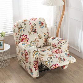 Peryiter 4 Pcs in 1 Set Recliner Cover Floral Printed Recliner Covers with Pockets Chair Slipcovers Printed Collection Slipcover Furniture Protector with Elastic Bottom for Living Room