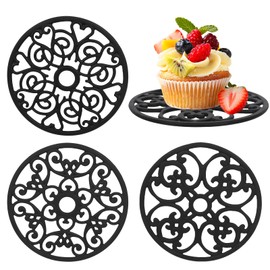 Minicoco Vintage Pattern Round Pot Mat Non Slip Heat Resistant Coaster Hot Pan Mat Kitchen Decorative Accessories Set of 3 (Black)