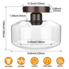 MAXvolador Industrial Semi Flush Mount Ceiling Light, Clear Glass Pendant Lamp Shade, Oil Rubbed Bronze Farmhouse Lighting, Hanging Light Fixture