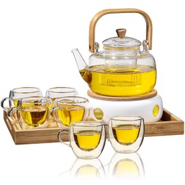 Sliner 9 Pcs Tea Set Glass Teapot, 33.8 oz Clear Glass Tea Kettle with Infuser 6 Pcs Insulated Cups Ceramic Teapot Warmer Wooden Bamboo Serving Tray(Delicate)