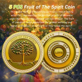 5pcs Fruit of The Spirit Christian Challenge Coin - Galatians 5:22-23 Jesus Religious Token - Art God Pocket Bible Verses Coins for Study - Good Luck Commemorative Gifts for Men Women Kids
