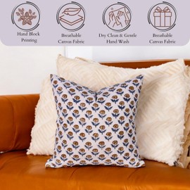 THE Unltd India Floral Decorative Cushion Covers, 50x50 CM Duck Canvas Block Printed Square Cushion case for Sofa and bed, Vintage Pillow for Spring Decor (Mustard)