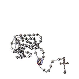 Gifts by Lulee, LLC Mary Magdalene The Magdalene Metallic Silver Luster Quartz Faceted Round Beads Rosary with Silver Plated Medal Centerpiece and Crucifix Includes a Prayer Card