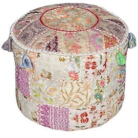 JaipurHandloom weißer indischer Pouf Hocker Vintage Patchwork verziert mit Patchwork Wohnzimmer Ottomane Bezug, 46 x 33 cm