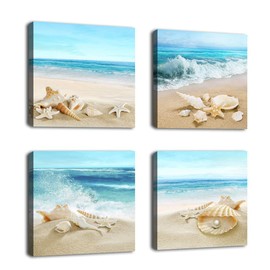 Ocean Decor Wall Art Canvas Pictures for Bathroom Decoration Modern Canvas Artwork Beach Shell Starfish Conch Pearl Teal Blue Bedroom Home Office Decor Framed Ready to Hang 12" x 12" x 4 Pieces