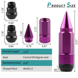 YeshineAuto M14X1.5 Spikes Lug Nuts, 24PCS Anti Theft Wheel Lug Nut with 2PCS Socket(Purple