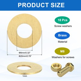 MECCANIXITY 18 Pack Brass Flat Washer, M8 Copper Washers Crush Washer Kit Assortment, 8mm ID, 20mm OD, 1mm Thick for Bolts Screws Machinery Repair, Outdoor Construction