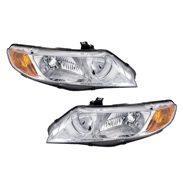PHILTOP Headlight Assembly Pair,Chrome Housing Compatible with 2006-2011 Civic,Amber Reflector