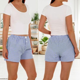 Bunnycool 3 Pack Women's Y2k Pajamas Shorts, Plaid Boxers Shorts Gingham Micro Button Sleep Short Elastic Waist Sleepwear (Light Pink, Light Blue, Green,Large)