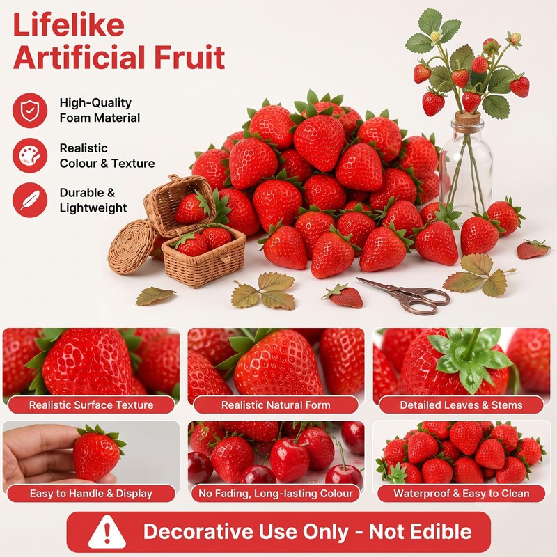 BlackQuill 40Pcs Plastic Strawberry Fake Fruit Set Artificial strawberries
