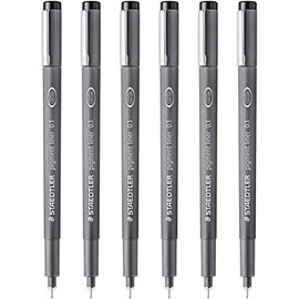 STAEDTLER 308 01-9 Pigment Liner Fineliner Pen - 0.1mm Nib - Black Ink - Pack of 6