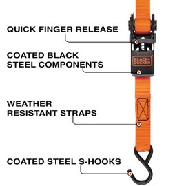 BLACK+DECKER BD1005 Black/Orange 1" x 10' Ratchet Tie Down Straps - 300 lb Safe Working Load / 900 lb Break Strength, 4 Pack