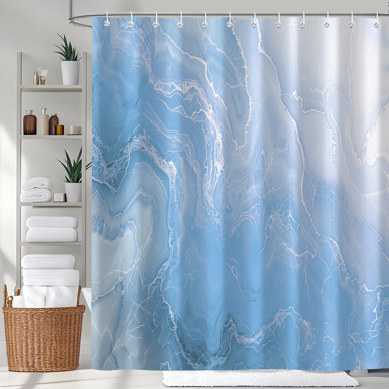 Abstract Marble Shower Curtain, Light Blue Pattern Modern Shower Curtains