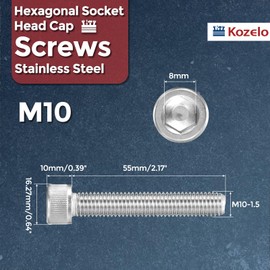 Kozelo 8pcs Socket Head Cap Screws - [M10-1.5 x 55mm] 304 Stainless Steel Allen Socket Drive for Electrical Motor 3D Printing Fan Engine Replacement Use, Silver