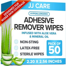 JJ CARE Adhesive Remover Wipes (Pack of 50) 2.2” x 2.56 Inches, Adhesive Remover for Skin, No Sting Medical Adhesive Remover, Ostomy Adhesive Remover for Sensitive Skin - Individually Packed