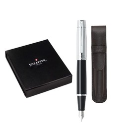 Sheaffer 300 Glossy Black Fountain Pen with Bright Chrome Cap, Chrome-Plated Trim and Matching Pouch gift Set (Fountain, Fine nib)