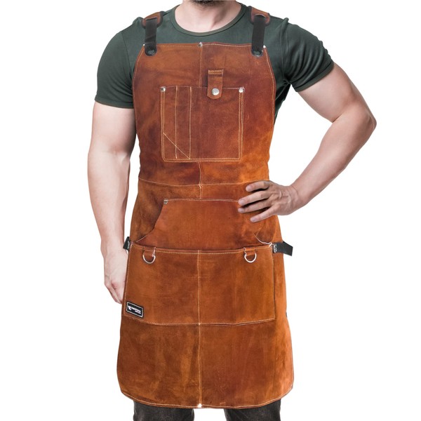 FIGHTECH® Leather Work Apron with Tool Pockets For Welding w Kevlar Stitching | Woodworking Shop | Adjustable M-XXL (Brown)