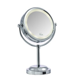 Mia Beauty Vanity Mirror 10x 1x Magnification Double-Sided Cordless LED Lighted Beautiful Polished Silver Chrome Finish for Women, Hair Stylists, Cosmetologists, Teens, Bathroom, Table Top