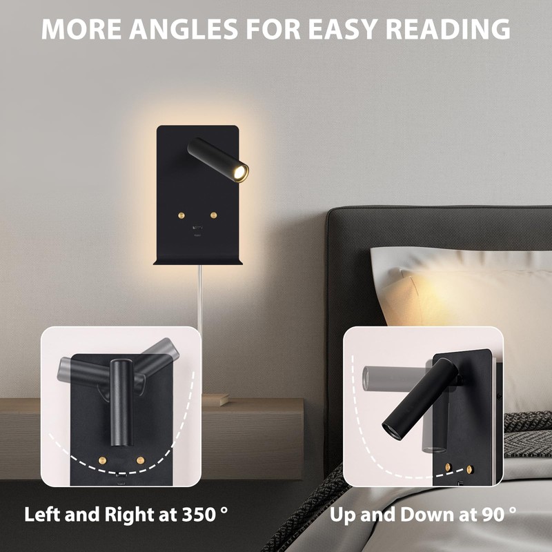 ZEROUNO Modern Wall Mounted Reading Lights Plug in, Black Headboard