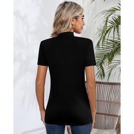 Ficerd 3 Pack Women's Mock Neck Shirts, Short Sleeve Turtleneck Tops Casual Comfy T Shirts Stretch Fitting Trendy Tee Blouse (Black, White, Light Gray,Medium)