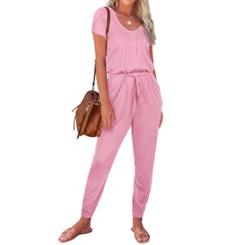 REORIA Women's Summer Casual Jumpsuit Plain Scoop Neck Button Down Bud Sleeve Rompers With Pockets Light Pink L
