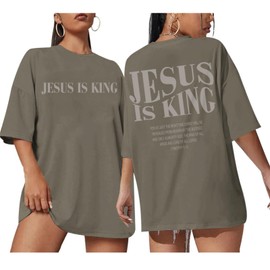 Lytiarul Oversized Tshirts for Women Christian Jesus is King Shirt Faith Religious Sayings Tees Loose Casual Bible Verse Tops(Dusty Concrete,L)