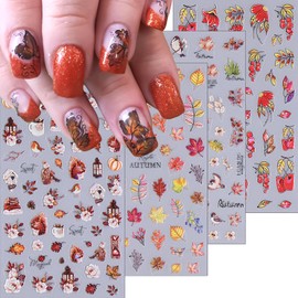 4 Sheets Fall Nail Art Stickers Decals Autumn Maple Leaf Nail Decals Squirrel Bird Fall Nail Design 5D Micro-Embossed Flowers Leaf Nail Supplies Autumn Leaf Nail Sticker for Women Manicure Decoration