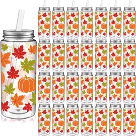 Dingion 24 Pcs Autumn Plastic Cups with Lids and Straws 13.5 oz Thanksgiving Reusable Plastic Tumbler Maple Leave Clear Drinking Cup Fall Cups Party Favors for Thanksgiving Appreciation Gifts