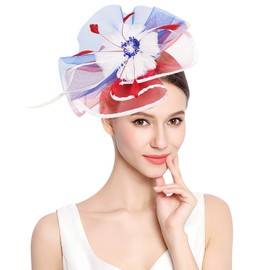 Z&X Fascinator with Headband Clip Cocktail Tea Party Feather Floral Pillbox Hat Black, Mesh Fascinator - Flag, One Size