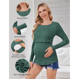 Ekouaer 3 Pack Women's Nursing Tops for Breastfeeding Fall Long Sleeve T Shirts Postpartum Double Layer Clothes Black/Light Green/Dark Red M